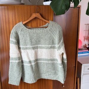 Striped Crewneck Knit Sweater in Sage and Cream